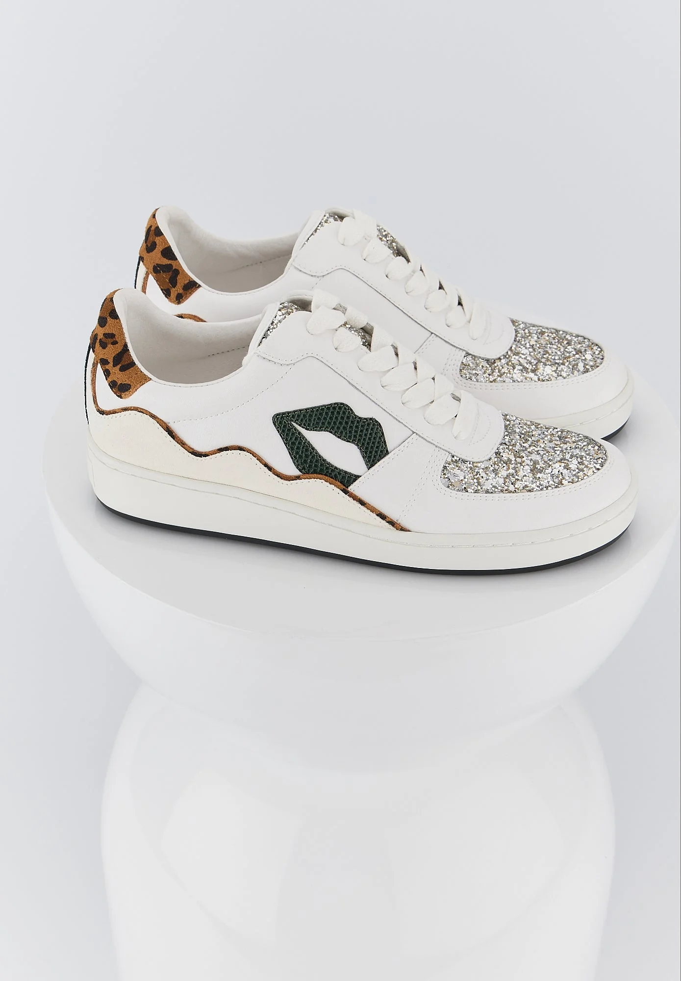 Baskets en cuir-Loulou-Blanc Snake Léopard Glitter
